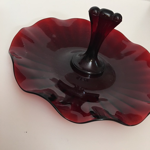 Vintage Other - Vintage art Deco Cranberry Glass Candy Dish Wavy Edging with Handle Trinket Tray
